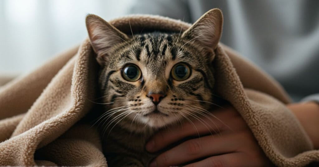 A nervous cat being wrapped gently in a soft blanket for comfort