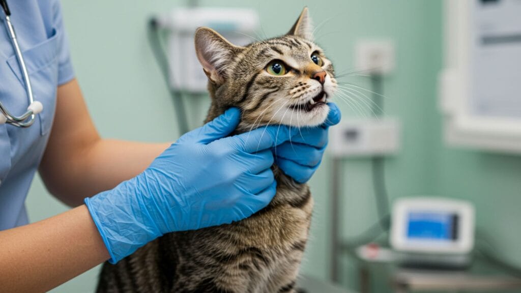 A cat resting in a cozy bed post-surgery with a calm expression