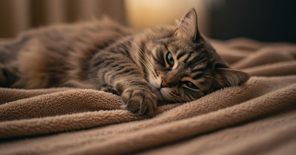 A cat kneading a soft fleece blanket with its paws